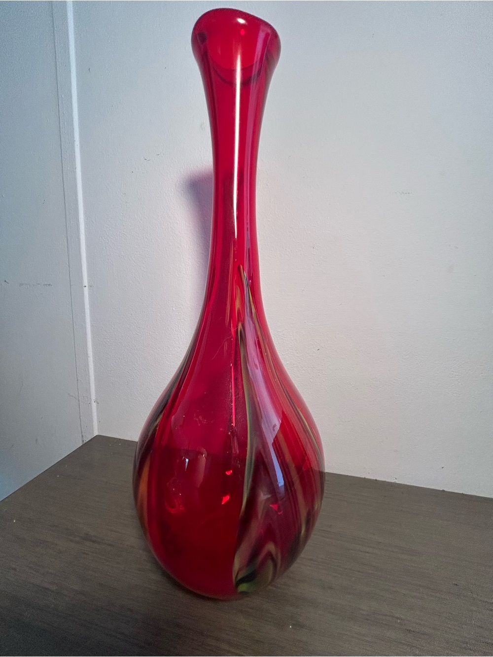 Retro Pier 1 Red blown glass vase with yellow green & black swirls 14.5”